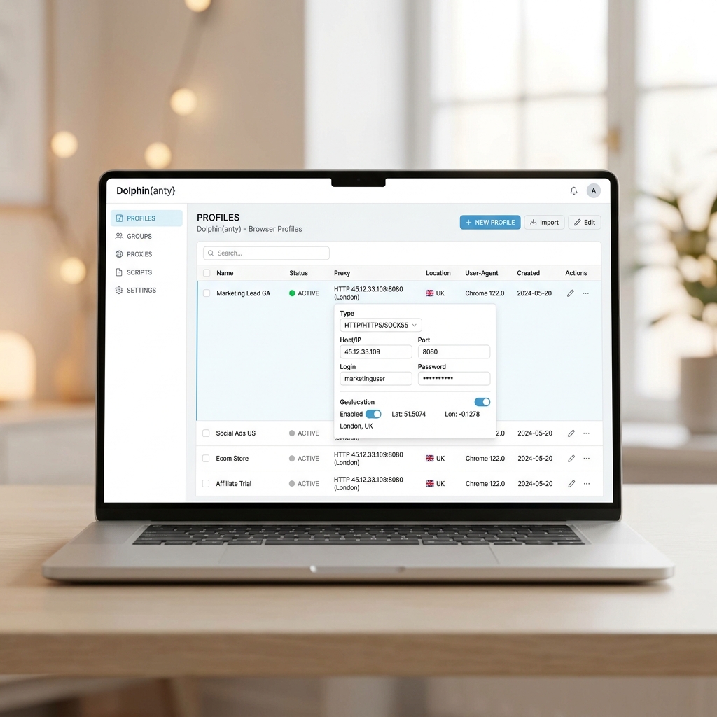Proxy configuration dashboard inside Dolphin{anty} browser mockup