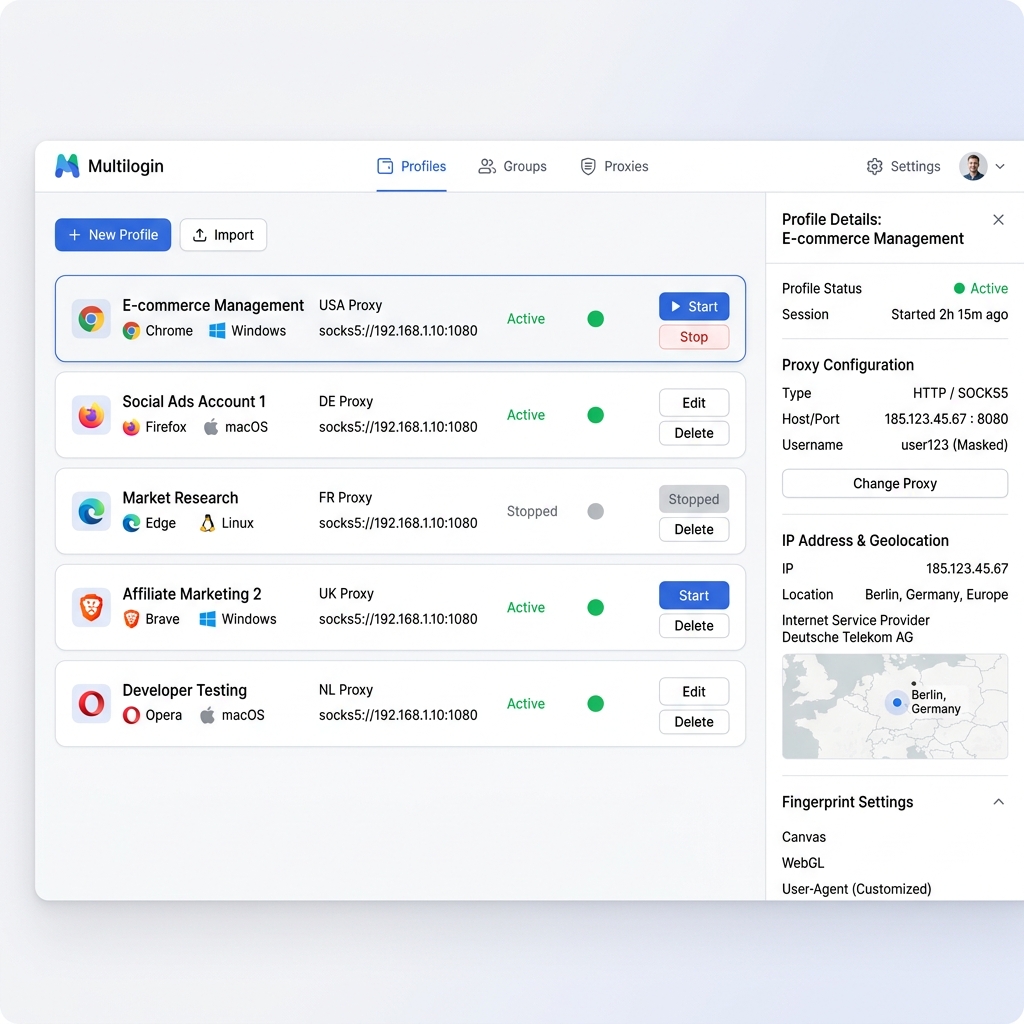 Proxy configuration dashboard inside Multilogin mockup