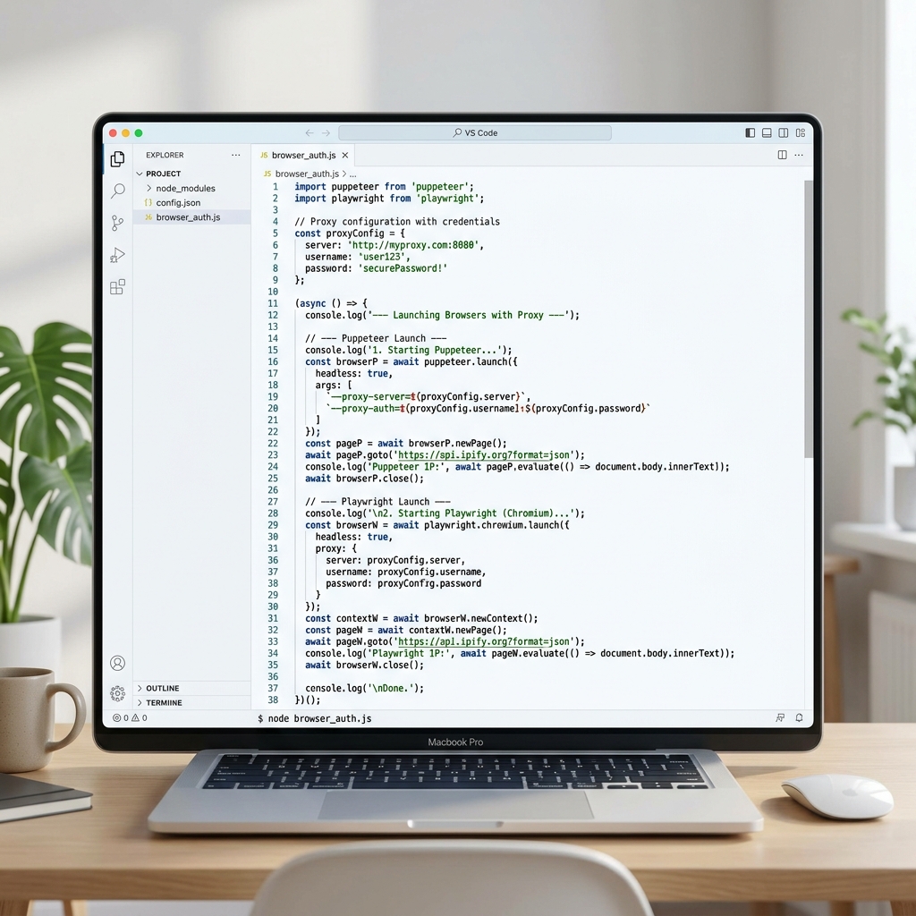 NodeJS code editor with Puppeteer proxy config mockup